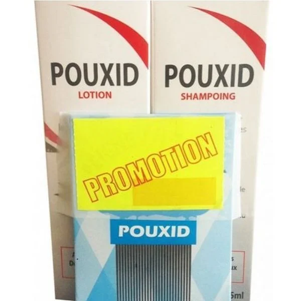 Étuis Pouxid lotion et shampooing avec boîte de peigne anti-poux et étiquette promotion