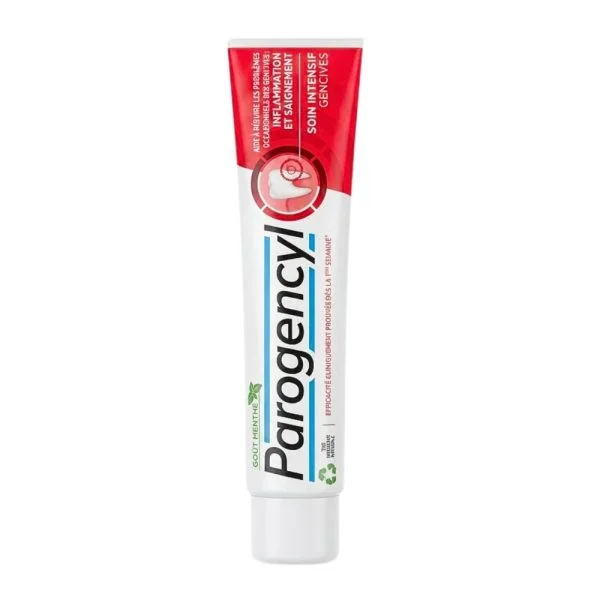 Tube blanc et rouge de dentifrice Parogencyl Soin Intensif Gencives menthe