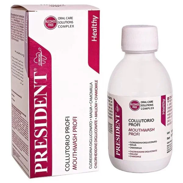 Flacon et étui blanc et fuchsia du bain de bouche President Profi