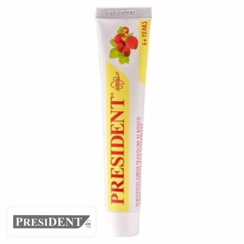 president-dentifrice-junior-6ans-gout-fraise-50ml.jpg Tube jaune du dentifrice President Junior fraise des bois 6 ans