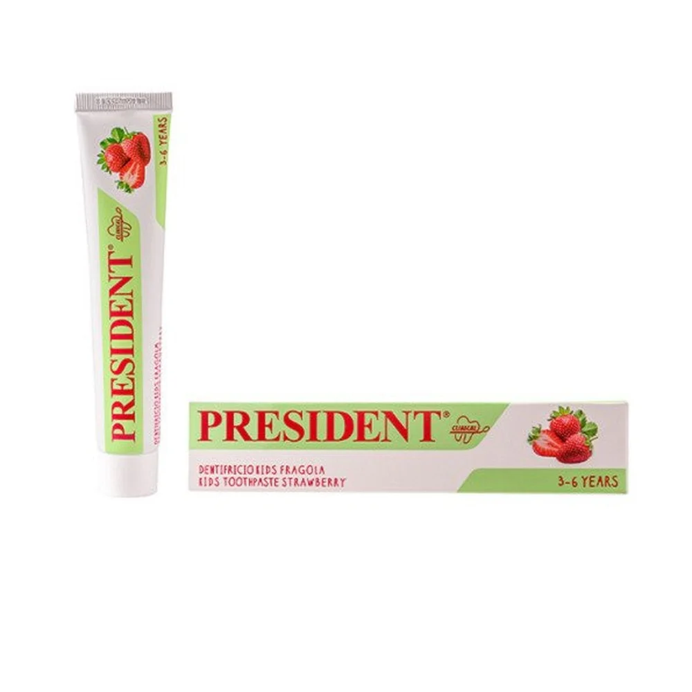 president-dentifrice-kids-3-6-fraise.jpg Tube et étui vert clair du dentifrice President Kids fraise 3-6 ans