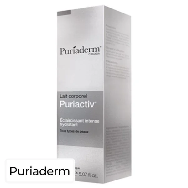 Étui argenté Puriaderm Puriactiv lait corporel éclaircissant hydratant 150 ml
