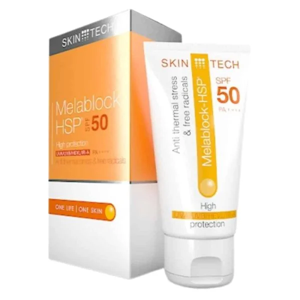 Tube blanc et orange Skin Tech Melablock-HSP SPF 50 avec son étui