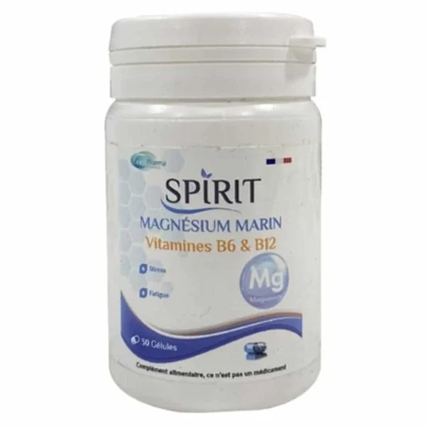 Flacon blanc Spirit Magnésium marin vitamines B6 et B12, 30 gélules