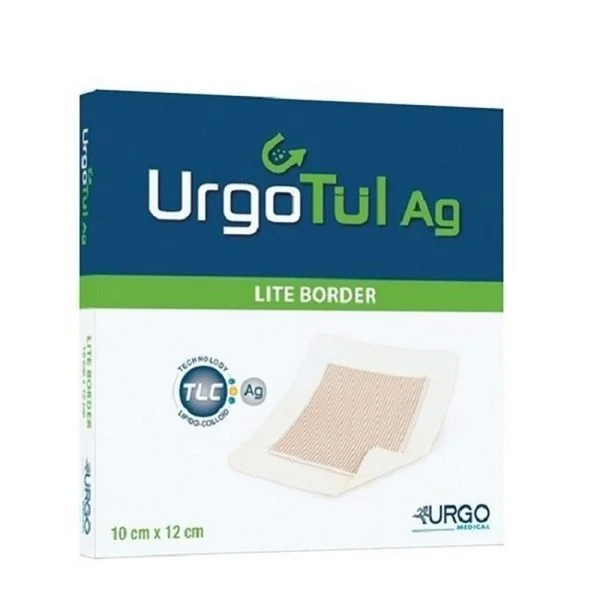 Boîte blanche et verte UrgoTul Ag Lite Border pansement 10x12 cm