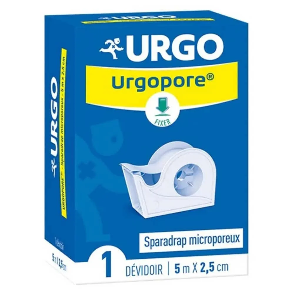 urgopore-devidoir-5mx25cm-1u.jpg Boîte bleue Urgo Urgopore sparadrap microporeux dévidoir 5 m 2,5 cm