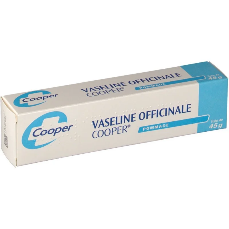 vaseline-officinale-pommade-45g.jpg Boîte bleue et blanche Vaseline Officinale Cooper, pommade en tube de 45 grammes.