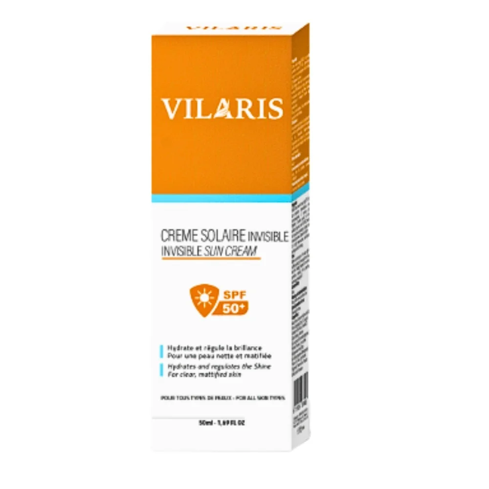 vilaris-creme-solaire-invisible-spf50-50ml-1.jpg Étui Vilaris Crème Solaire Invisible SPF 50+ 50 ml, haut orange et fond blanc