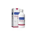 Flacon et étui Vitis Anticaries bain de bouche sans alcool, blanc et rouge