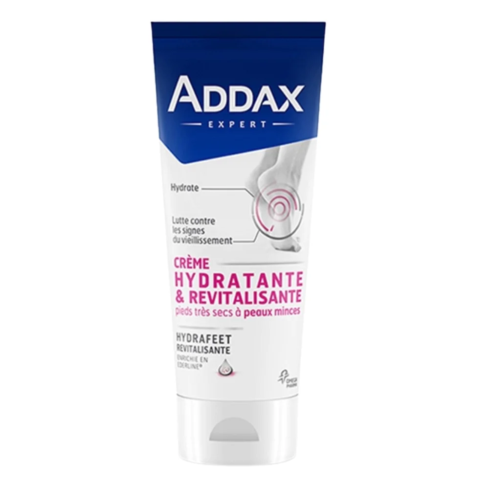 addax-hydrafeet-creme-hydratante-et-revitalisante-100ml.jpg Tube blanc et bleu Addax Hydrafeet crème hydratante revitalisante pieds 100 ml