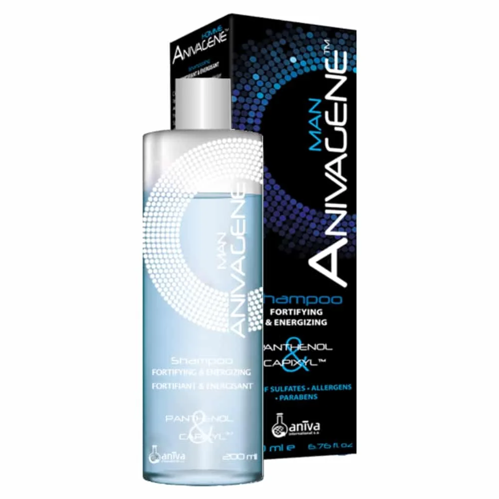 anivagene-shampoing-fortifiant-et-energisant-homme-200ml.jpg Flacon bleu et étui noir Anivagene Man shampoing fortifiant 200 ml
