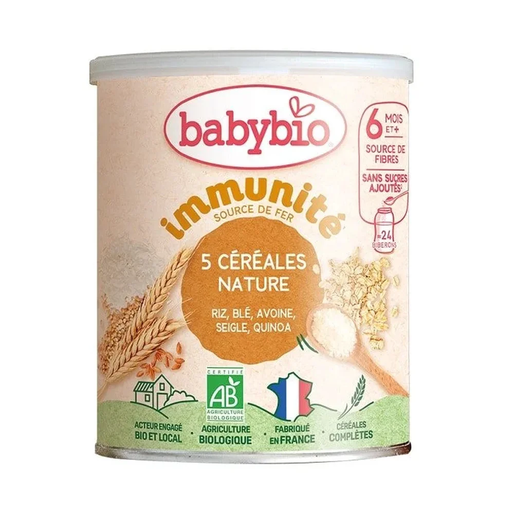 babybio-5-cereales-nature-220g.jpg Boîte de céréales infantiles Babybio 5 céréales nature, gamme Immunité, certifiée AB
