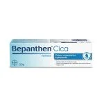 Étui bleu et blanc Bepanthen Cica crème réparatrice hydratante 50 g