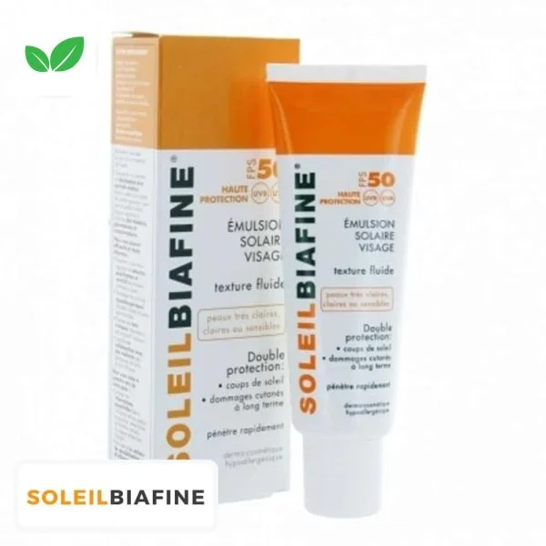 Étui et tube SoleilBiafine émulsion solaire visage FPS 50 texture fluide