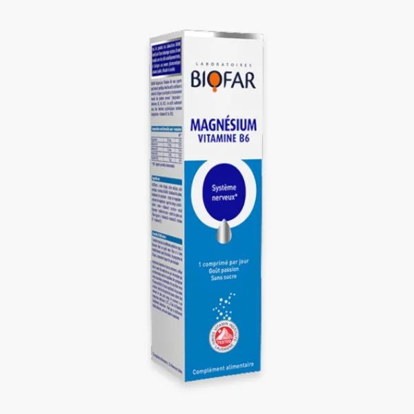 Tube Biofar Magnésium Vitamine B6, étui bleu, comprimés effervescents