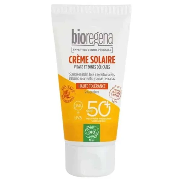 Tube blanc et jaune de crème solaire Bioregena SPF50+ bio, 40 ml