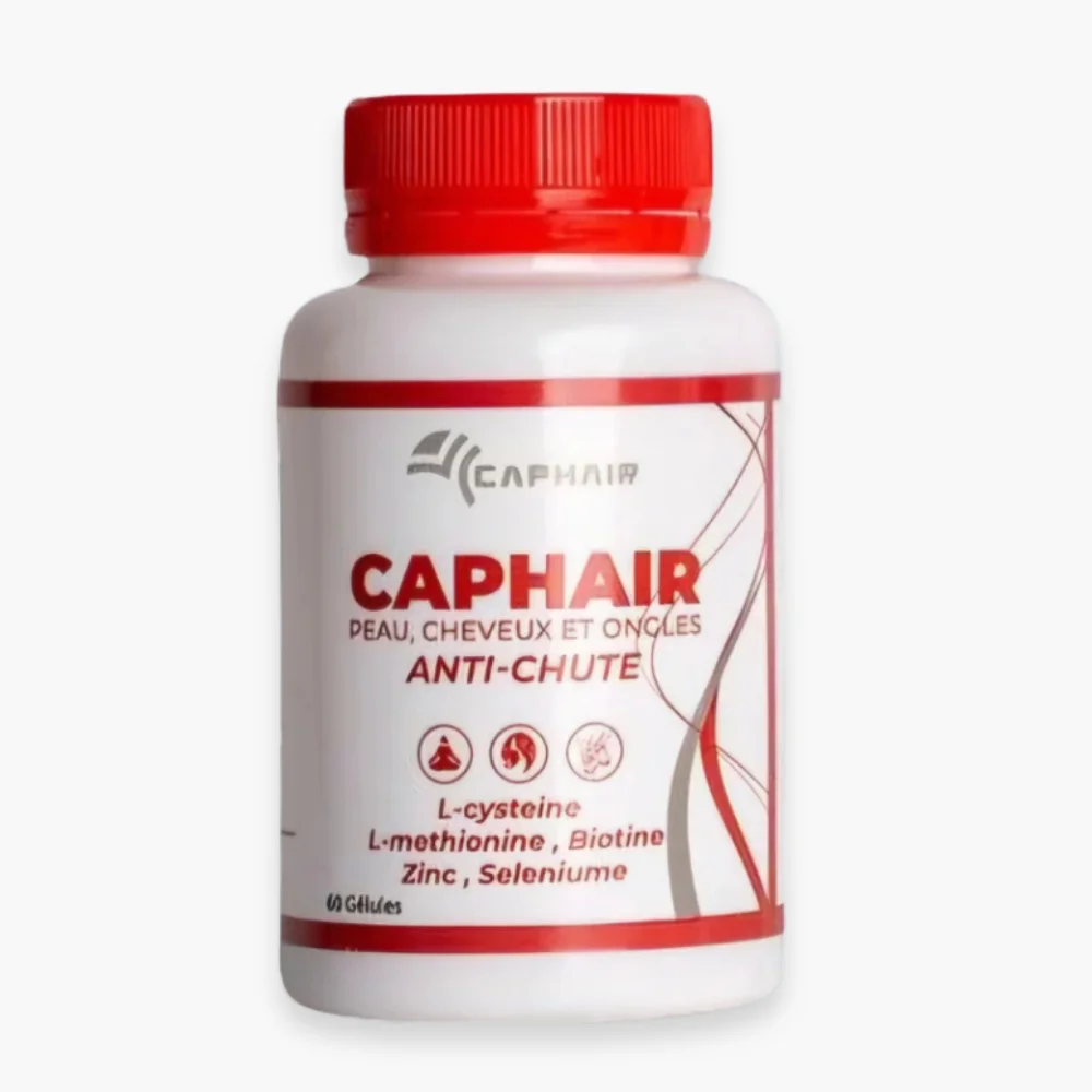 caphair-anti-chute-peau-cheveux-ongles-60-gelules.jpg Flacon blanc bouchon rouge Caphair peau cheveux ongles 60 gélules
