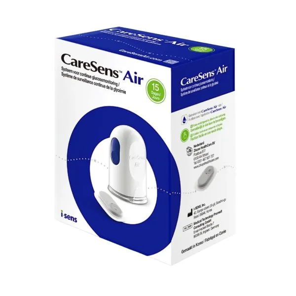 Boîte bleue et blanche CareSens Air, système de surveillance de la glycémie