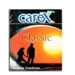 Boîte Carex Classic contenant trois préservatifs standards, visuel coucher de soleil