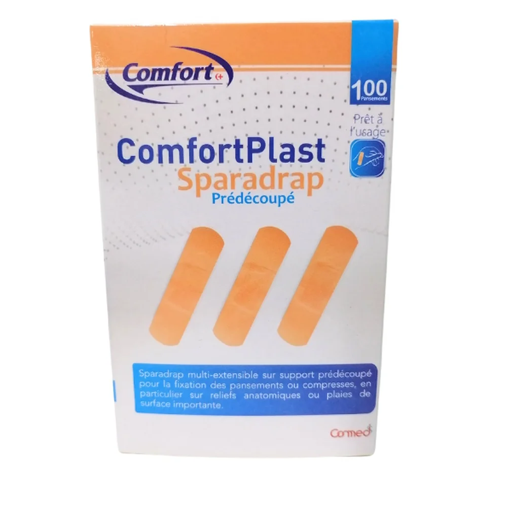 comfort-plast-sparadrap-extensible-100-pieces.jpg Boîte orange et blanche ComfortPlast sparadrap prédécoupé 100 pansements prêts à l'usage