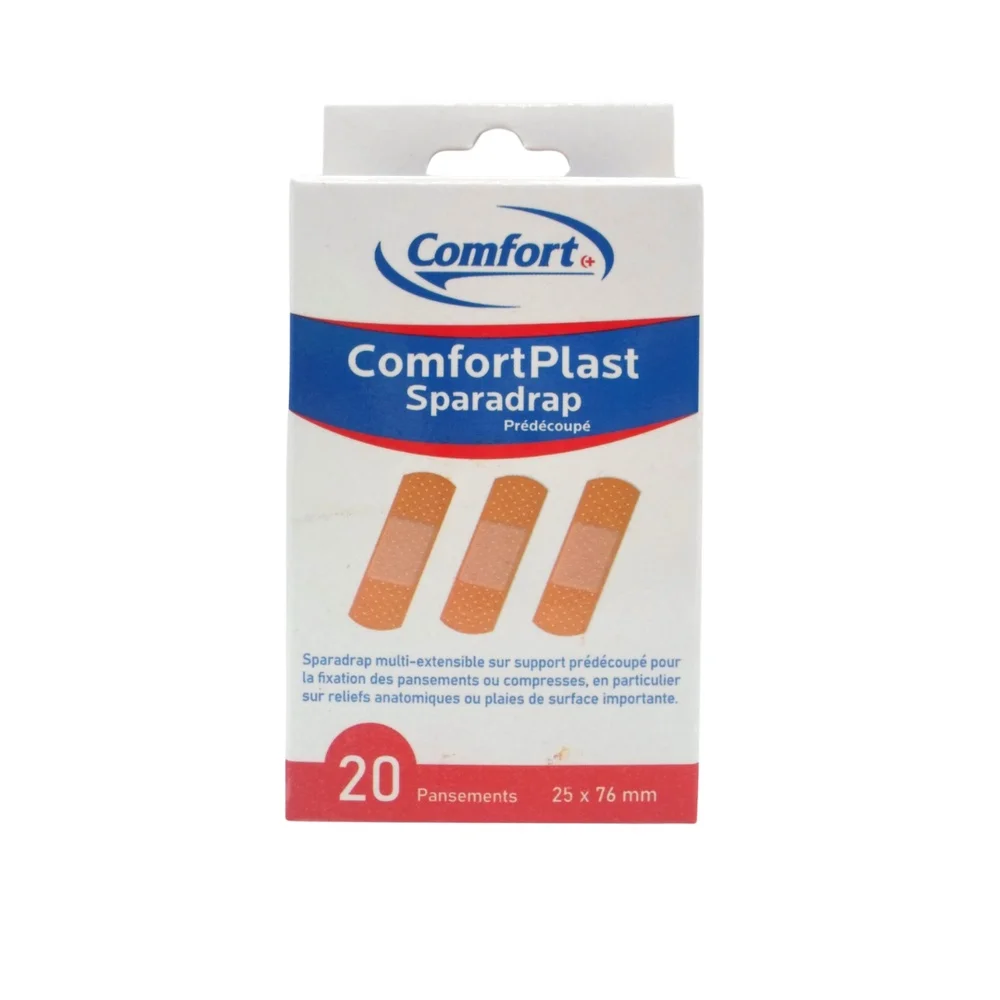 comfort-plast-sparadrap-predecoupe-20-pieces.jpg Boîte blanche et bleue ComfortPlast sparadrap prédécoupé 20 pansements 25x76 mm