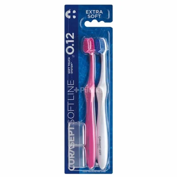 Blister de deux brosses à dents Curasept Softline 0.12 Extra Soft rose et blanche