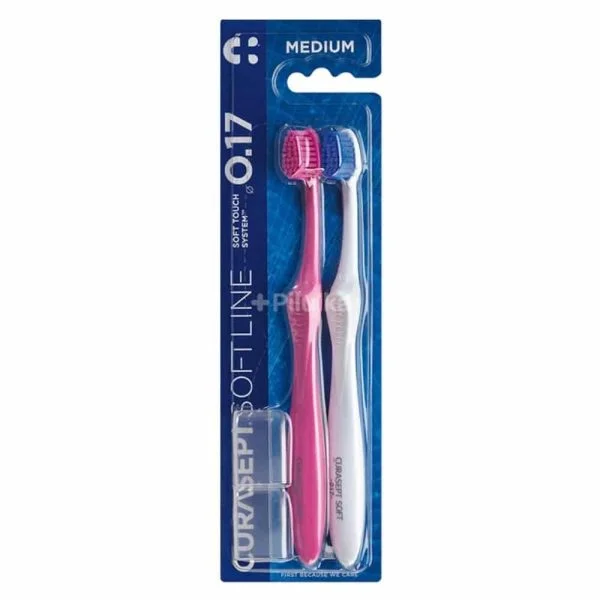 Blister de deux brosses à dents Curasept Softline 0.17 Medium rose et blanche