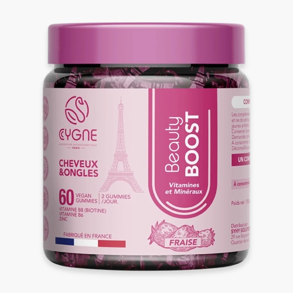 cygnelab-beauty-boost-vitamines-et-mineraux-cheveux-et-ongles-fraise-60-gummies.jpg Pot rose Cygne Beauty Boost 60 gummies végans goût fraise cheveux ongles
