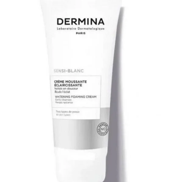 Tube blanc et gris Dermina Sensi-Blanc crème moussante éclaircissante 200 ml