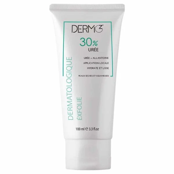 Tube blanc Dermoz crème urée 30 %, inscriptions vertes, 100 ml