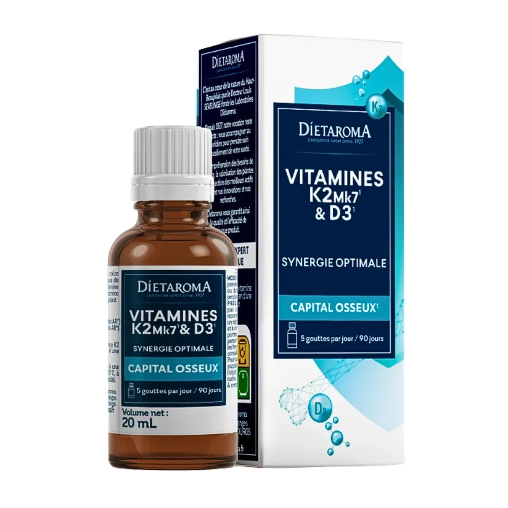 dietaroma-vitamine-k2-mk7-d3-20ml.jpg Flacon compte-gouttes ambré et étui Diétaroma Vitamines K2 MK7 et D3