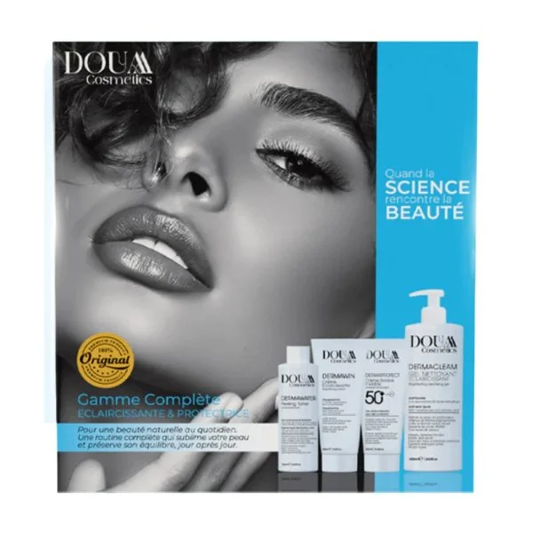 Coffret Douaa Cosmetics avec gel nettoyant, lotion, crème éclaircissante et écran solaire SPF 50+