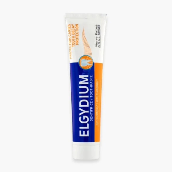 Tube de dentifrice Elgydium Protection Caries bleu et orange, Fluorinol
