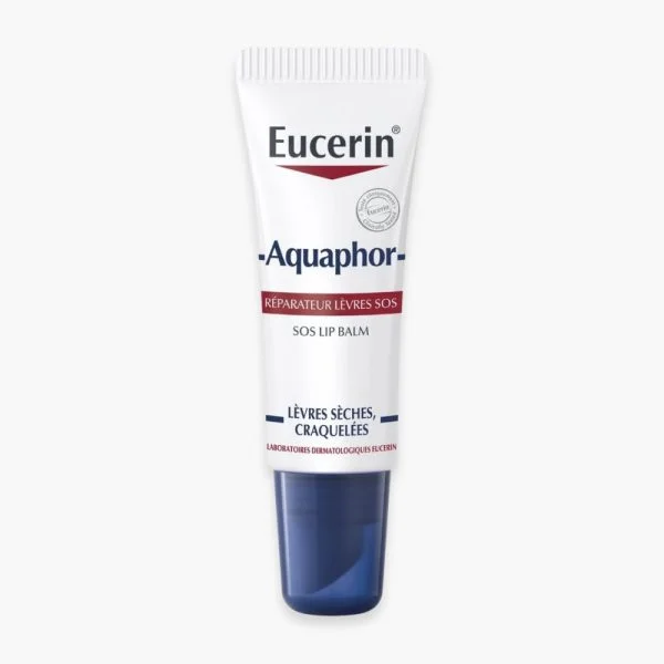 Petit tube blanc et bleu marine Eucerin Aquaphor Réparateur Lèvres SOS