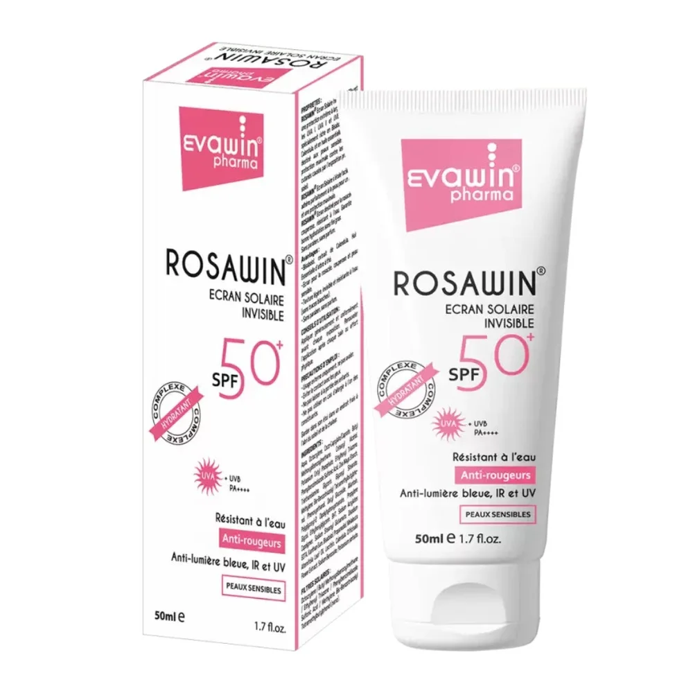 evawin-rosawin-ecran-invisible-spf50-50ml.jpg Tube et étui blanc et rose Evawin Rosawin Écran Solaire Invisible SPF 50+