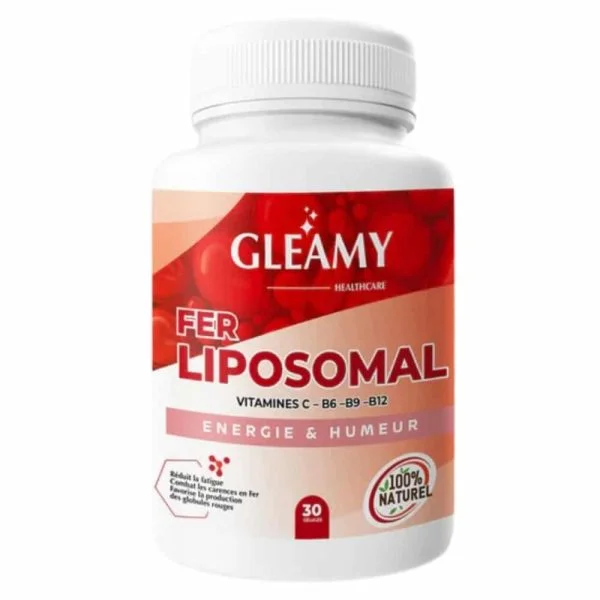 Flacon blanc et rouge Gleamy Fer Liposomal 30 gélules énergie humeur