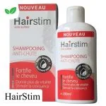 Flacon et étui rouges Hairstim shampooing anti-chute sans sulfate 200 ml