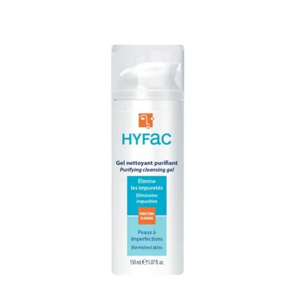 Flacon-pompe blanc Hyfac gel nettoyant purifiant 150 ml, mention piroctone olamine