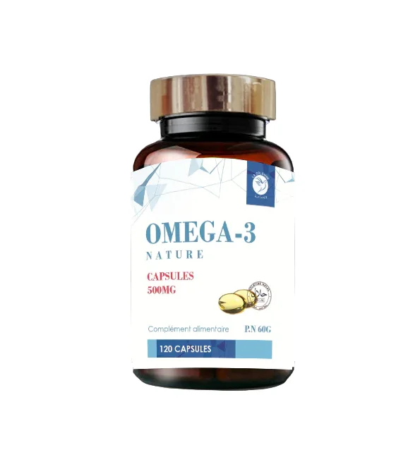 indoka-omega-3-batmozen-84g-120-capsules.jpg Flacon ambré Omega-3 Nature 500 mg, 120 capsules, étiquette bleue et blanche