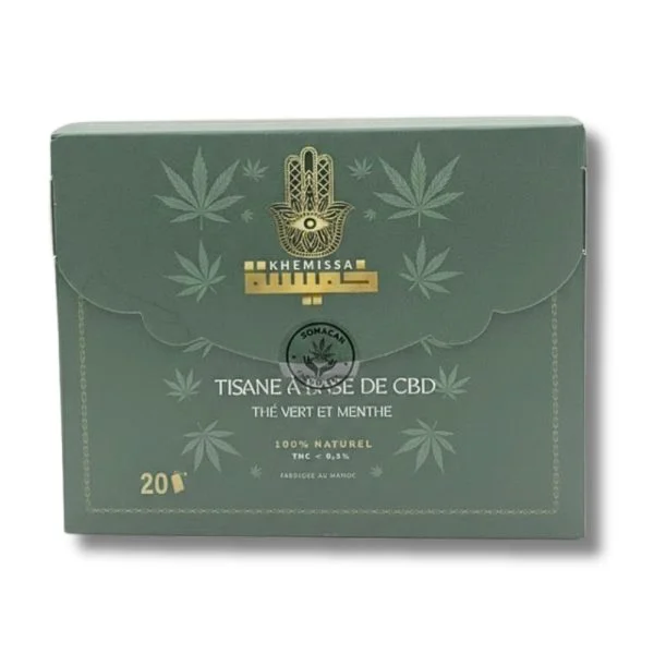 Boîte verte Khemissa tisane à base de CBD thé vert menthe 20 sachets