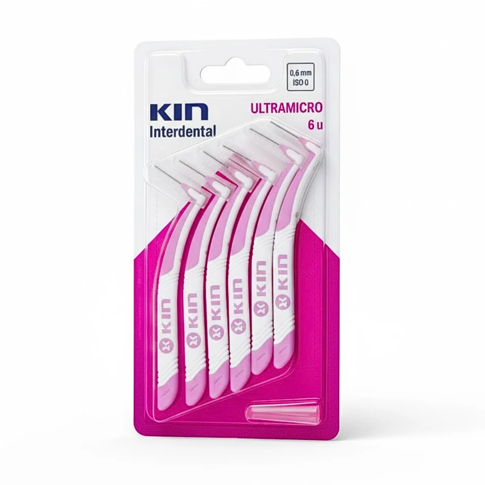 kin-clinic-brossettes-interdentaire-06mm-ultramicro-6unites.jpg Blister rose de six brossettes interdentaires KIN Ultramicro 0,6 mm