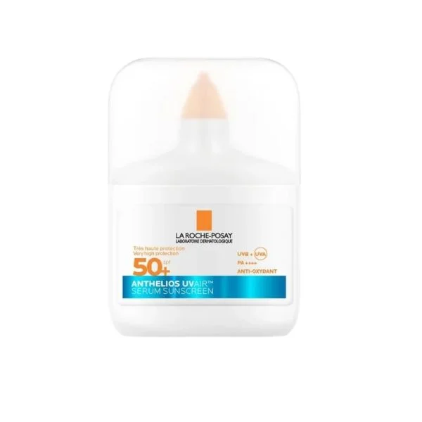 Flacon blanc Anthelios UVAir sérum solaire SPF50+ La Roche-Posay bandeau bleu