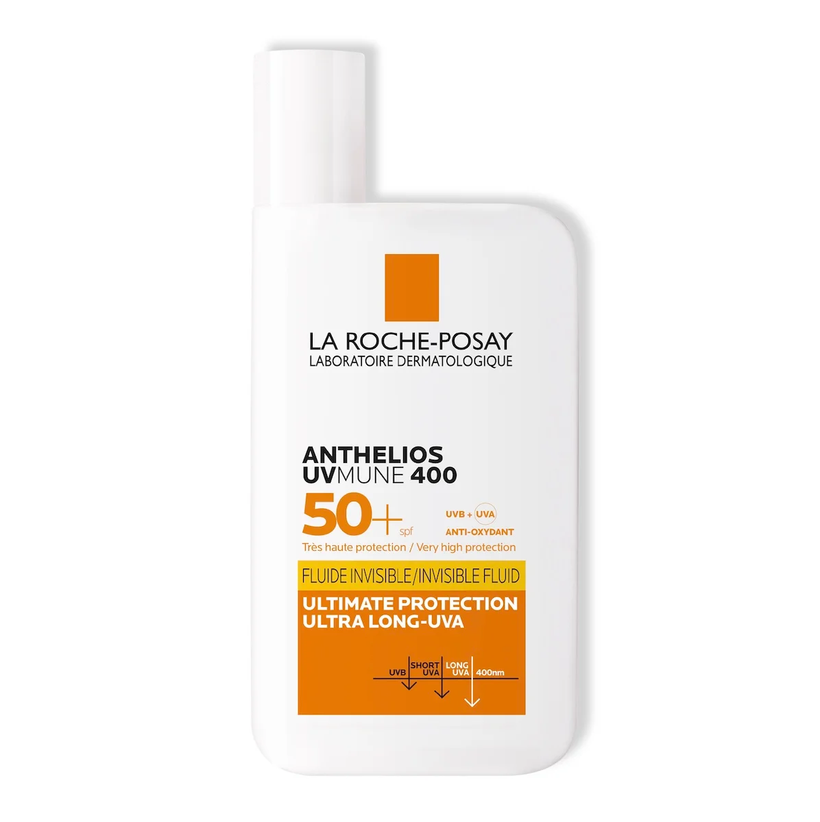 la-roche-posay-anthelios-uvmune-400-creme-solaire-fluide-invisible-peaux-sensibles-50ml.jpg Flacon blanc Anthelios UVMune 400 fluide invisible SPF50+ La Roche-Posay bandeau orange