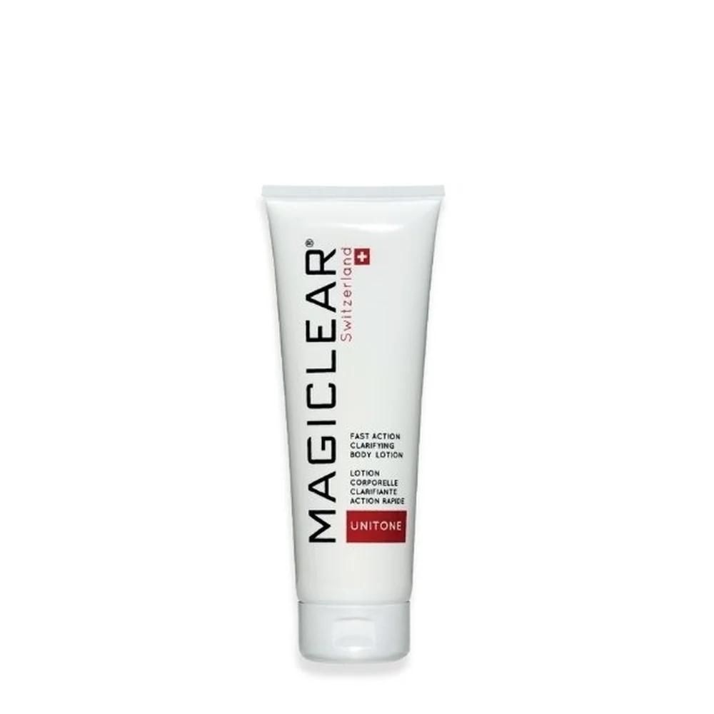 magiclear-lotion-corporelle-250ml.jpg Tube blanc Magiclear lotion corporelle clarifiante Unitone, soin pour le corps