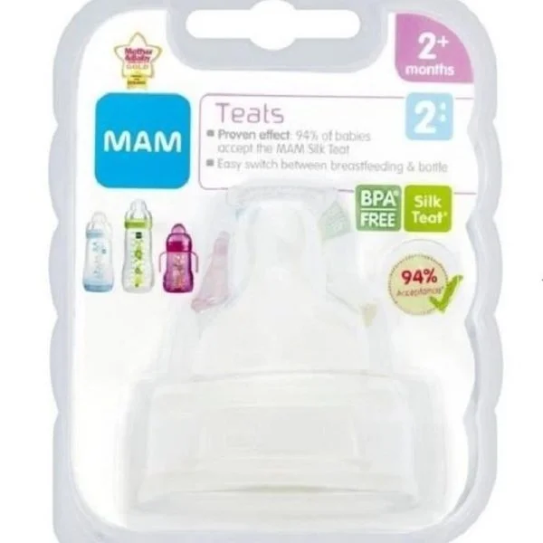 Blister Mam Teats taille 2, tétine Silk transparente pour biberon, dès 2 mois
