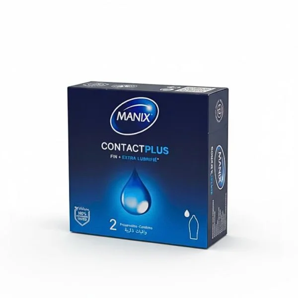 Boîte Manix Contact Plus 2 préservatifs fins et extra-lubrifiés, fond blanc