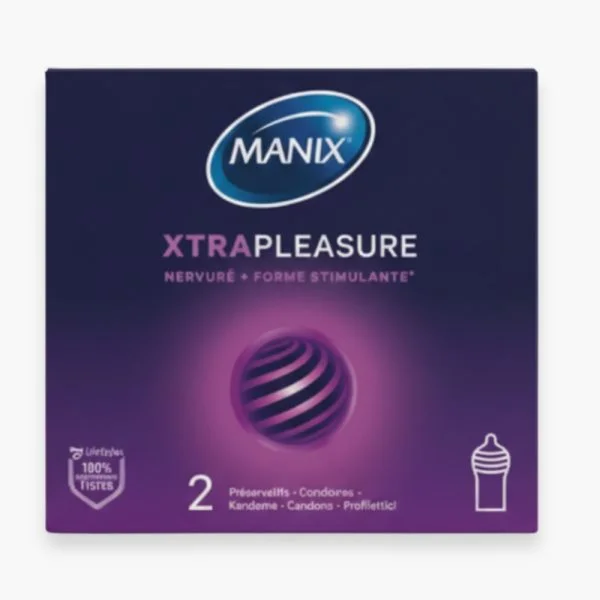 Boîte Manix Xtra Pleasure Double Extase 2 préservatifs nervurés, fond blanc