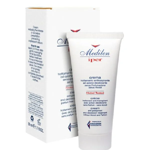 Tube blanc et étui Medilen Iper crème anti-transpirante 50 ml