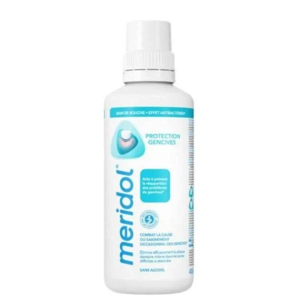 Flacon blanc et bleu Meridol bain de bouche protection gencives 400 ml