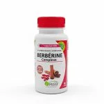 Flacon blanc MGD Berbérine Complexe, bouchon rouge, bâtons de cannelle et baies